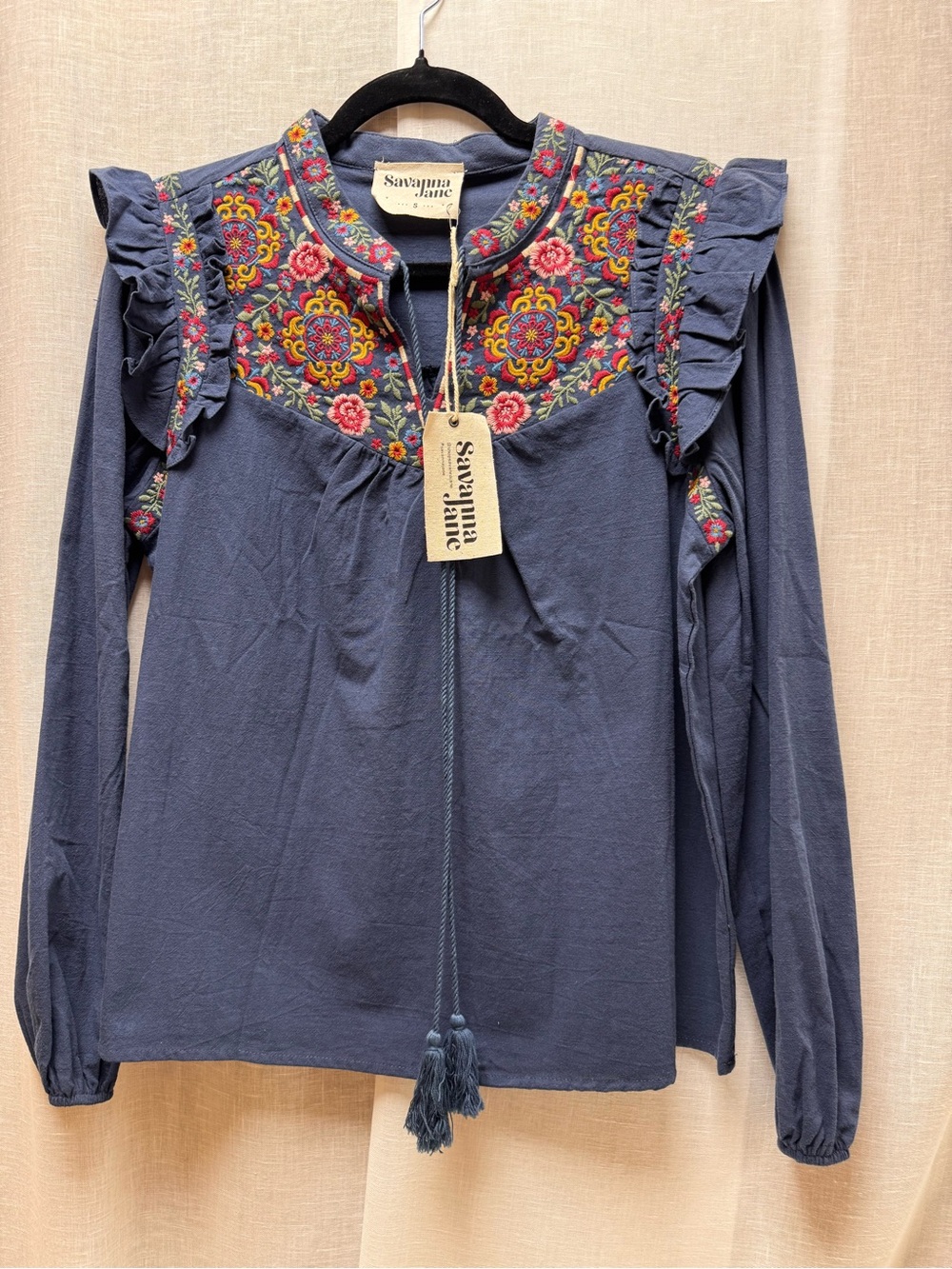 Savanna Jane Navy Blue Embroidered Ruffle Peasant Blouse